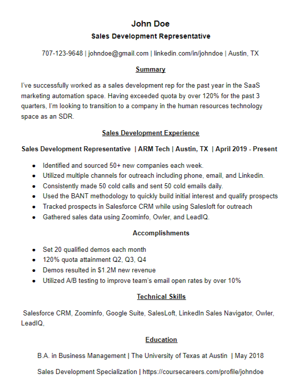 Sales Development Resume